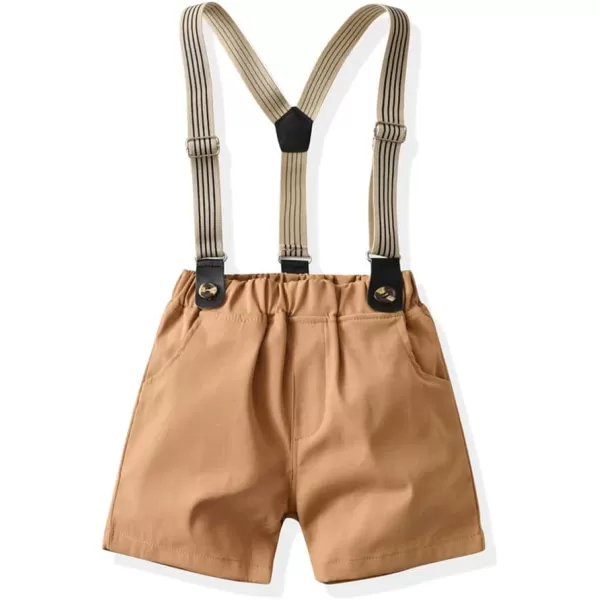 IDOPIP Toddler Kids Baby Boys Formal Suit Gentleman White Shirt with Bowtie  Suspender Shorts Pants Overalls Clothes 18TDark Khaki Striped