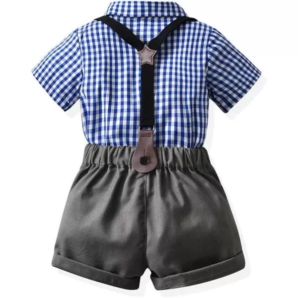 IDOPIP Toddler Kids Baby Boys Formal Suit Gentleman White Shirt with Bowtie  Suspender Shorts Pants Overalls Clothes 18TGray  Blue Plaid