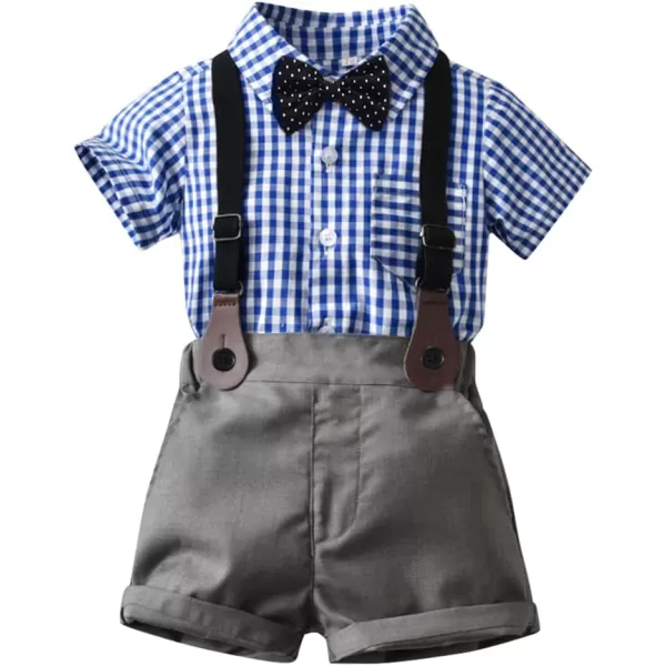 IDOPIP Toddler Kids Baby Boys Formal Suit Gentleman White Shirt with Bowtie  Suspender Shorts Pants Overalls Clothes 18TGray  Blue Plaid