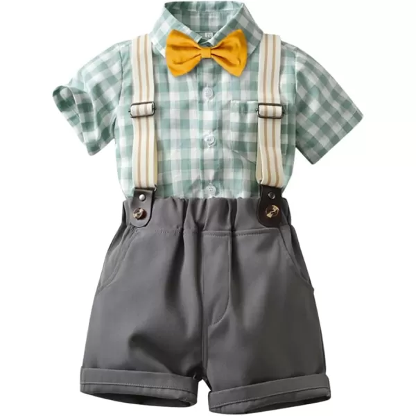 IDOPIP Toddler Kids Baby Boys Formal Suit Gentleman White Shirt with Bowtie  Suspender Shorts Pants Overalls Clothes 18TGray  Green Plaid