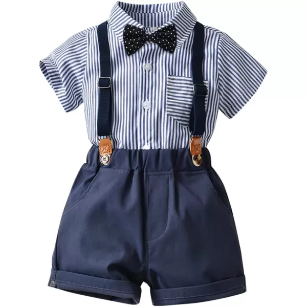 IDOPIP Toddler Kids Baby Boys Formal Suit Gentleman White Shirt with Bowtie  Suspender Shorts Pants Overalls Clothes 18TNavy Blue Striped