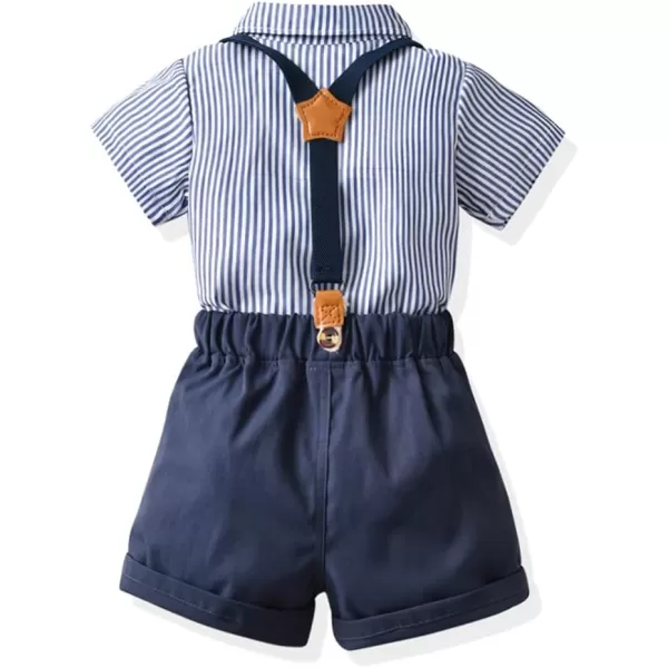 IDOPIP Toddler Kids Baby Boys Formal Suit Gentleman White Shirt with Bowtie  Suspender Shorts Pants Overalls Clothes 18TNavy Blue Striped