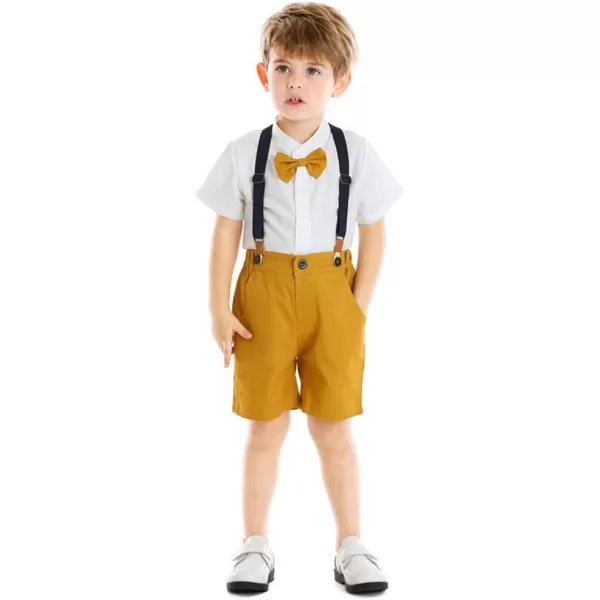 IDOPIP Toddler Kids Baby Boys Formal Suit Gentleman White Shirt with Bowtie  Suspender Shorts Pants Overalls Clothes 18TWhite  Yellow  Shorts