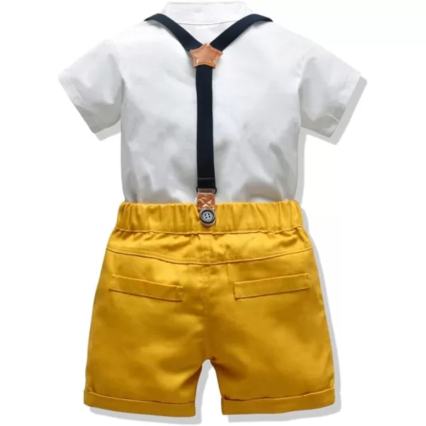 IDOPIP Toddler Kids Baby Boys Formal Suit Gentleman White Shirt with Bowtie  Suspender Shorts Pants Overalls Clothes 18TWhite  Yellow  Shorts