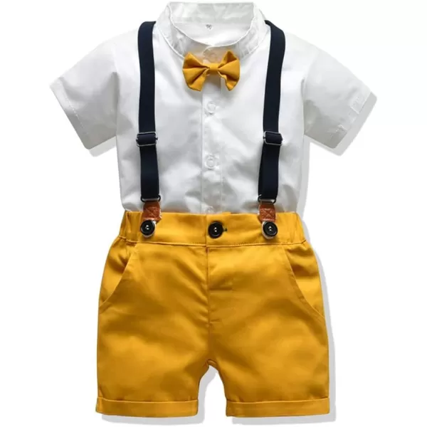 IDOPIP Toddler Kids Baby Boys Formal Suit Gentleman White Shirt with Bowtie  Suspender Shorts Pants Overalls Clothes 18TWhite  Yellow  Shorts