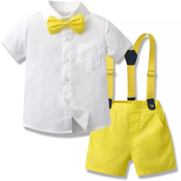 IDOPIP Toddler Kids Baby Boys Formal Suit Gentleman White Shirt with Bowtie  Suspender Shorts Pants Overalls Clothes 18TYellow