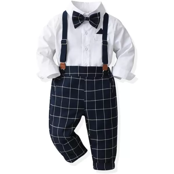 IDOPIP Toddler Kids Baby Boys Formal Suit Gentleman White Shirt with Bowtie  Suspender Shorts Pants Overalls Clothes 6M5TNavy Blue Plaid  Pants