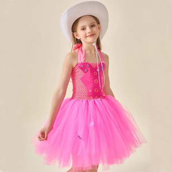 IDOPIP Toddler Kids Girls Halloween Birthday Party Dress up Costume Pink Gingham Dress with HeadbandHat Cowgirl CosplayHot Pink  Hollow