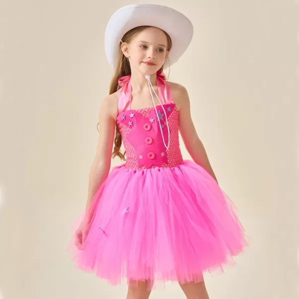 IDOPIP Toddler Kids Girls Halloween Birthday Party Dress up Costume Pink Gingham Dress with HeadbandHat Cowgirl CosplayHot Pink  Hollow