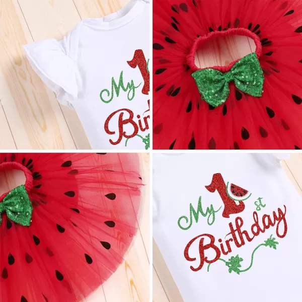 IDOPIP Watermelon 1st 2nd 3rd Birthday Outfit for Baby Girl Romper Tutu Skirt Headband Sock Clothes for Smash Cake Photo PropRed 1st Birthday