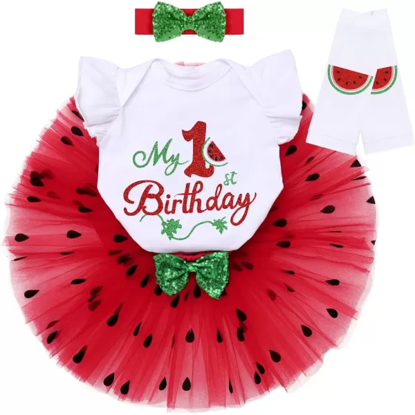 IDOPIP Watermelon 1st 2nd 3rd Birthday Outfit for Baby Girl Romper Tutu Skirt Headband Sock Clothes for Smash Cake Photo PropRed 1st Birthday