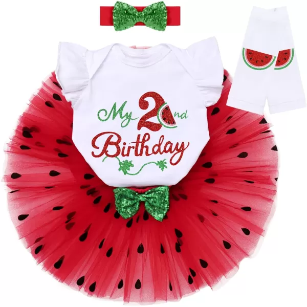 IDOPIP Watermelon 1st 2nd 3rd Birthday Outfit for Baby Girl Romper Tutu Skirt Headband Sock Clothes for Smash Cake Photo PropRed 2nd Birthday