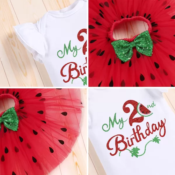 IDOPIP Watermelon 1st 2nd 3rd Birthday Outfit for Baby Girl Romper Tutu Skirt Headband Sock Clothes for Smash Cake Photo PropRed 2nd Birthday