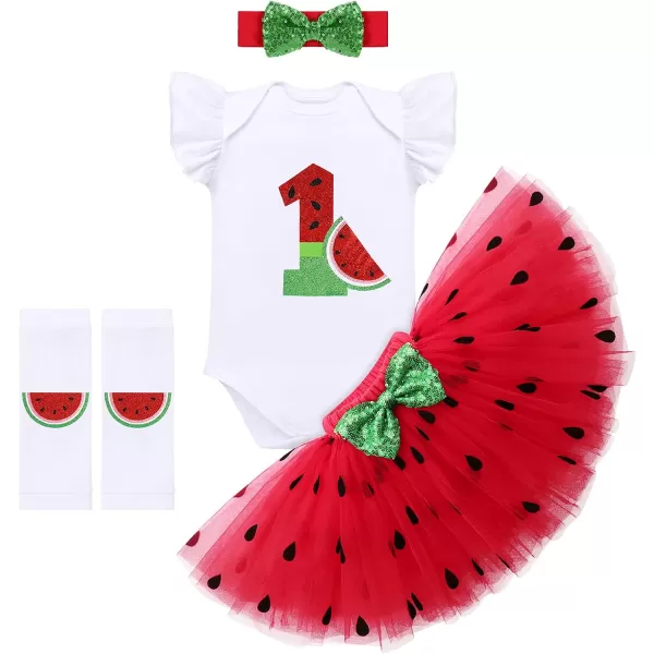 IDOPIP Watermelon 1st 2nd 3rd Birthday Outfit for Baby Girl Romper Tutu Skirt Headband Sock Clothes for Smash Cake Photo PropRed No1