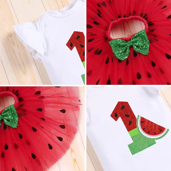 IDOPIP Watermelon 1st 2nd 3rd Birthday Outfit for Baby Girl Romper Tutu Skirt Headband Sock Clothes for Smash Cake Photo PropRed No1