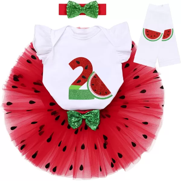 IDOPIP Watermelon 1st 2nd 3rd Birthday Outfit for Baby Girl Romper Tutu Skirt Headband Sock Clothes for Smash Cake Photo PropRed No2