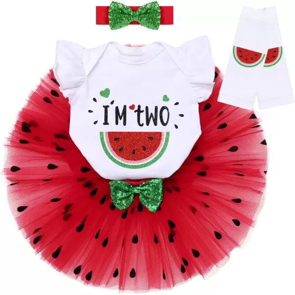 IDOPIP Watermelon 1st 2nd 3rd Birthday Outfit for Baby Girl Romper Tutu Skirt Headband Sock Clothes for Smash Cake Photo PropRed Two