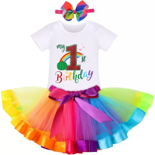 IDOPIP Watermelon 1st Birthday Outfit for Baby Girls Romper Rainbow Tutu Skirt Headband Summer Clothes Cake Smash Photo ShootRainbow 1st Birthday 4pcs