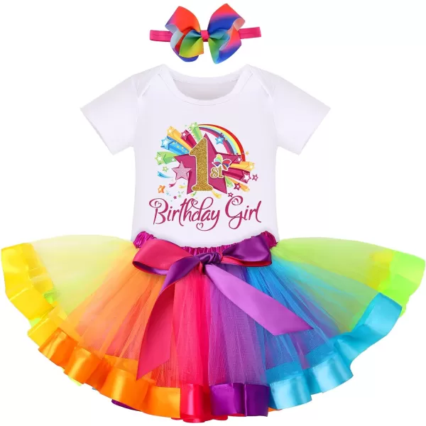 IDOPIP Watermelon 1st Birthday Outfit for Baby Girls Romper Rainbow Tutu Skirt Headband Summer Clothes Cake Smash Photo ShootRainbow 1st Birthday Girl 4pcs