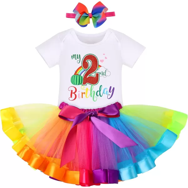 IDOPIP Watermelon 1st Birthday Outfit for Baby Girls Romper Rainbow Tutu Skirt Headband Summer Clothes Cake Smash Photo ShootRainbow 2nd Birthday 4pcs