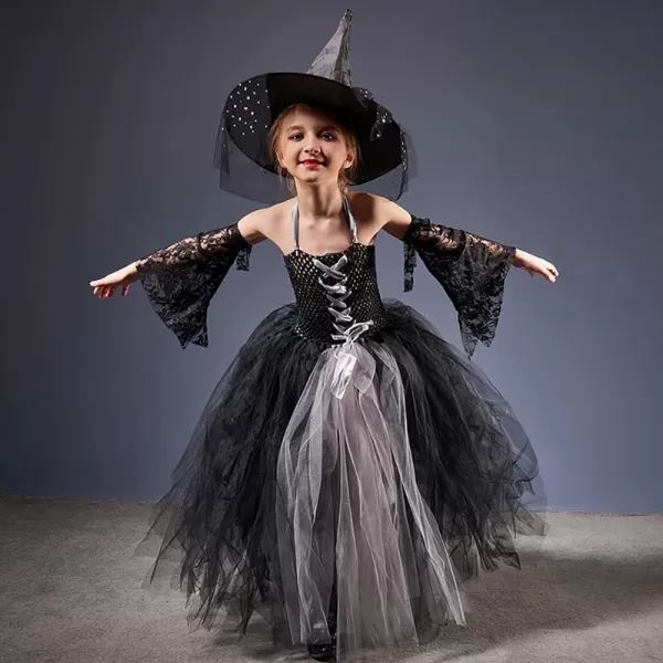 IDOPIP Witch Costume for Girls Kids Halloween Princess Tutu Dress up with Witch Hat Broom Cape Outfit Cosplay for Photo ShootBlack  Sleeves