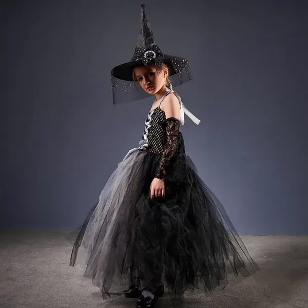 IDOPIP Witch Costume for Girls Kids Halloween Princess Tutu Dress up with Witch Hat Broom Cape Outfit Cosplay for Photo ShootBlack  Sleeves