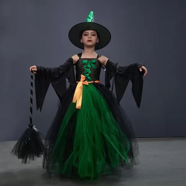 IDOPIP Witch Costume for Girls Kids Halloween Princess Tutu Dress up with Witch Hat Broom Cape Outfit Cosplay for Photo ShootGreen  Sleeves