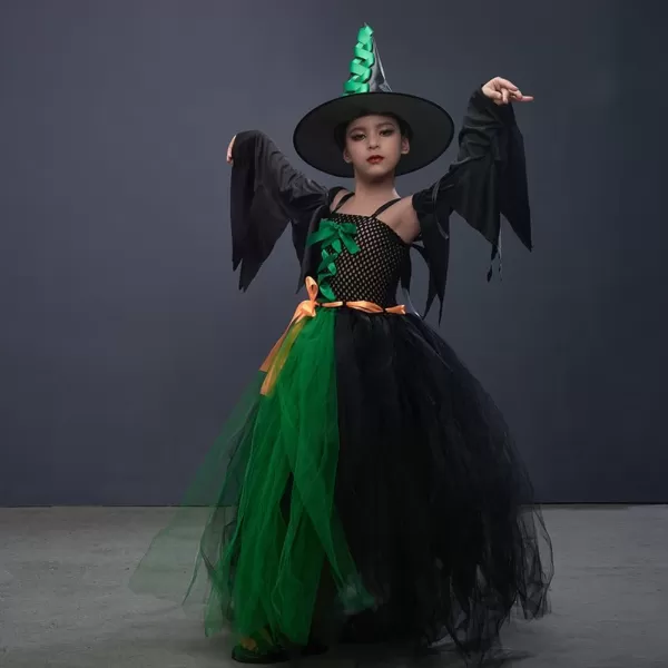 IDOPIP Witch Costume for Girls Kids Halloween Princess Tutu Dress up with Witch Hat Broom Cape Outfit Cosplay for Photo ShootGreen  Sleeves