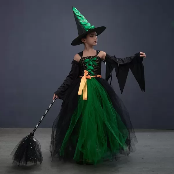 IDOPIP Witch Costume for Girls Kids Halloween Princess Tutu Dress up with Witch Hat Broom Cape Outfit Cosplay for Photo ShootGreen  Sleeves