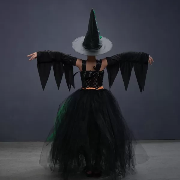 IDOPIP Witch Costume for Girls Kids Halloween Princess Tutu Dress up with Witch Hat Broom Cape Outfit Cosplay for Photo ShootGreen  Sleeves