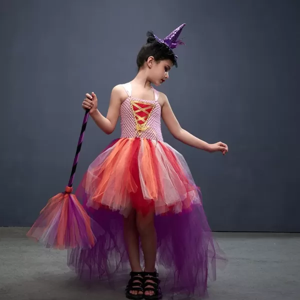 IDOPIP Witch Costume for Girls Kids Halloween Princess Tutu Dress up with Witch Hat Broom Cape Outfit Cosplay for Photo ShootPink  Hat 3pcs