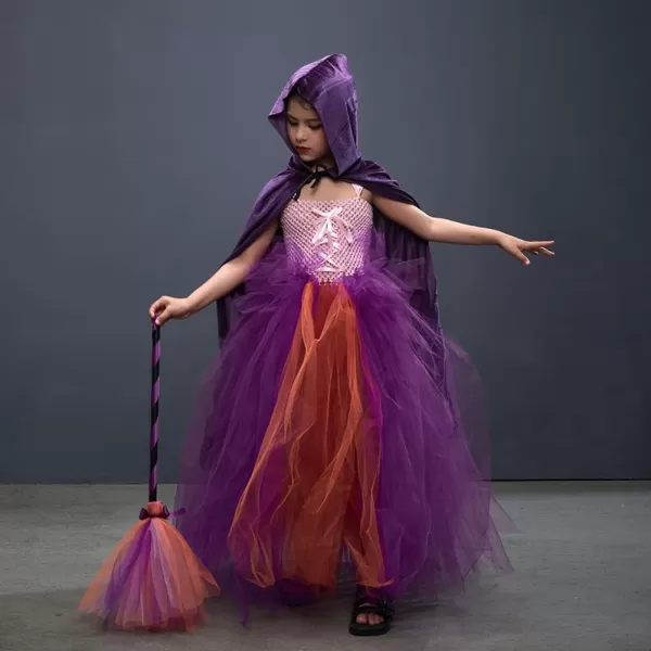 IDOPIP Witch Costume for Girls Kids Halloween Princess Tutu Dress up with Witch Hat Broom Cape Outfit Cosplay for Photo ShootPurple  Cloak 3pcs