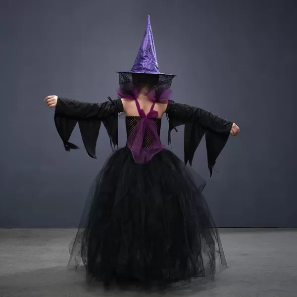 IDOPIP Witch Costume for Girls Kids Halloween Princess Tutu Dress up with Witch Hat Broom Cape Outfit Cosplay for Photo ShootPurple  Sleeves