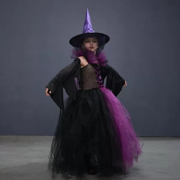 IDOPIP Witch Costume for Girls Kids Halloween Princess Tutu Dress up with Witch Hat Broom Cape Outfit Cosplay for Photo ShootPurple  Sleeves