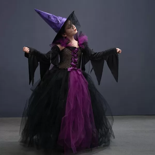 IDOPIP Witch Costume for Girls Kids Halloween Princess Tutu Dress up with Witch Hat Broom Cape Outfit Cosplay for Photo ShootPurple  Sleeves