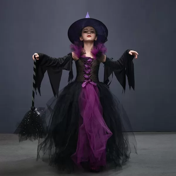 IDOPIP Witch Costume for Girls Kids Halloween Princess Tutu Dress up with Witch Hat Broom Cape Outfit Cosplay for Photo ShootPurple  Sleeves