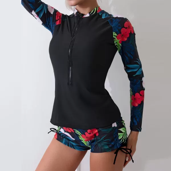 IDOPIP Women 2 Piece Rash Guard Long Sleeve Swimsuits UPF 50 Swim Shirt with Shorts Set Zipper Sun Protection Bathing SuitsBlack  Red