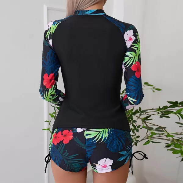 IDOPIP Women 2 Piece Rash Guard Long Sleeve Swimsuits UPF 50 Swim Shirt with Shorts Set Zipper Sun Protection Bathing SuitsBlack  Red