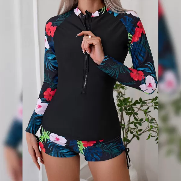 IDOPIP Women 2 Piece Rash Guard Long Sleeve Swimsuits UPF 50 Swim Shirt with Shorts Set Zipper Sun Protection Bathing SuitsBlack  Red