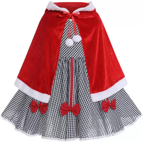 IDOPIP Women Kids Baby Girls Christmas Party Dress Xmas Red Plaid Tutu Dress with Hooded Cloak Cape Family Matching CostumeBlack Plaid  Kids