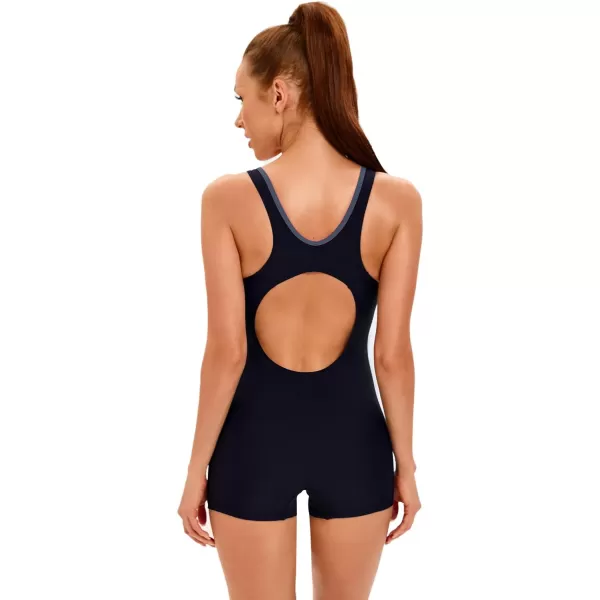 IDOPIP Women One Piece Swimsuit Racerback Athletic Bathing Suit Tummy Control Boyleg Rash Guard Block Surfing Sport SwimwearBlack  Blue