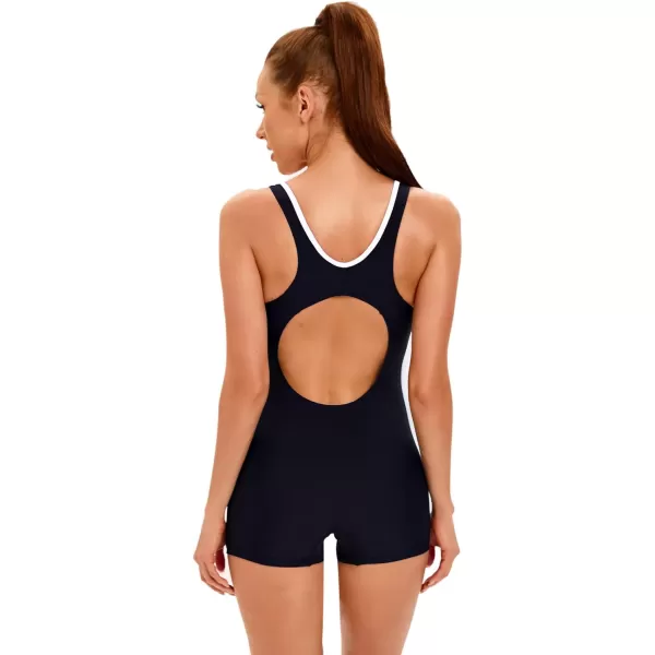 IDOPIP Women One Piece Swimsuit Racerback Athletic Bathing Suit Tummy Control Boyleg Rash Guard Block Surfing Sport SwimwearBlack  White