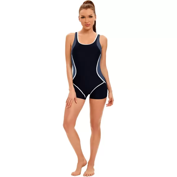 IDOPIP Women One Piece Swimsuit Racerback Athletic Bathing Suit Tummy Control Boyleg Rash Guard Block Surfing Sport SwimwearBlack  White