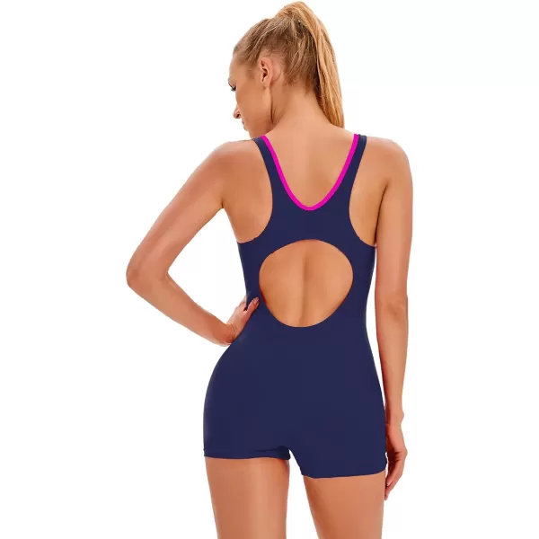 IDOPIP Women One Piece Swimsuit Racerback Athletic Bathing Suit Tummy Control Boyleg Rash Guard Block Surfing Sport SwimwearNavy Blue  Pink