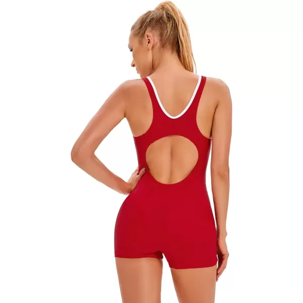 IDOPIP Women One Piece Swimsuit Racerback Athletic Bathing Suit Tummy Control Boyleg Rash Guard Block Surfing Sport SwimwearRed