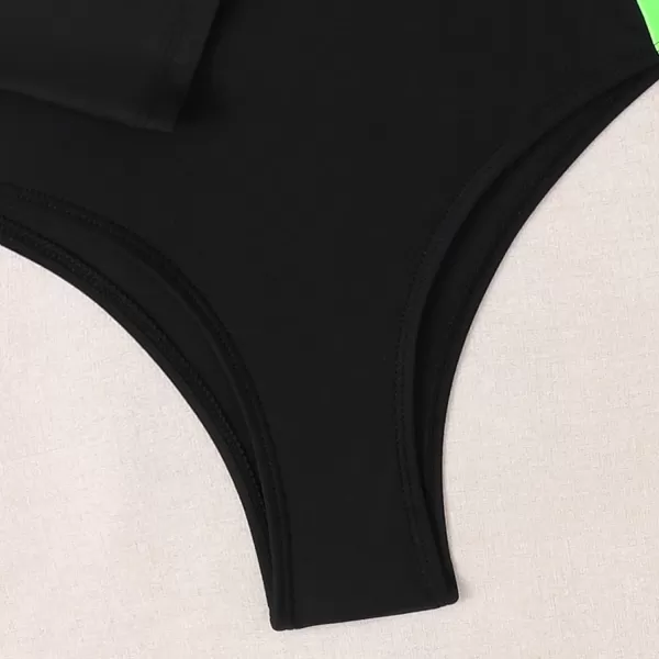 IDOPIP Women Rash Guard UPF 50 Long Sleeve One Piece Swimsuit Zipper Surfing Bathing Suit Color Block Monokini SwimwearBlack  Green