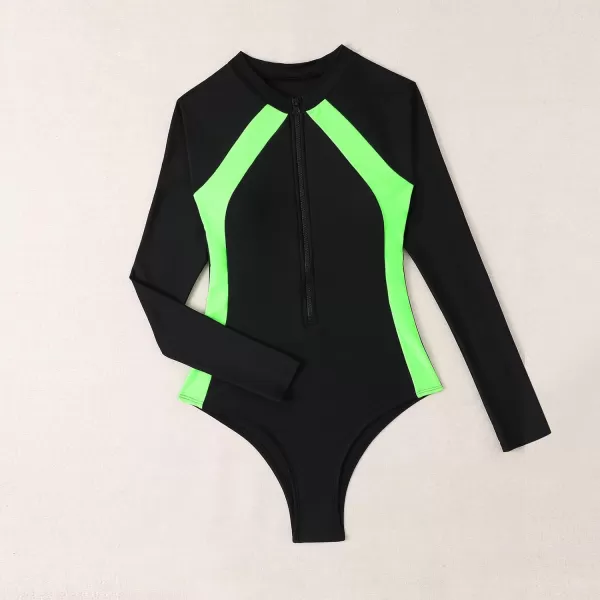 IDOPIP Women Rash Guard UPF 50 Long Sleeve One Piece Swimsuit Zipper Surfing Bathing Suit Color Block Monokini SwimwearBlack  Green