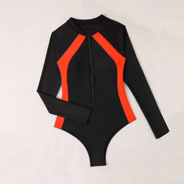 IDOPIP Women Rash Guard UPF 50 Long Sleeve One Piece Swimsuit Zipper Surfing Bathing Suit Color Block Monokini SwimwearBlack  Orange