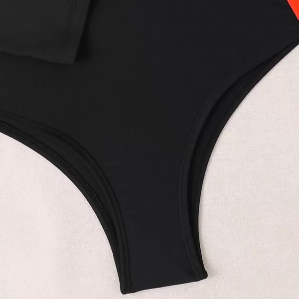 IDOPIP Women Rash Guard UPF 50 Long Sleeve One Piece Swimsuit Zipper Surfing Bathing Suit Color Block Monokini SwimwearBlack  Orange