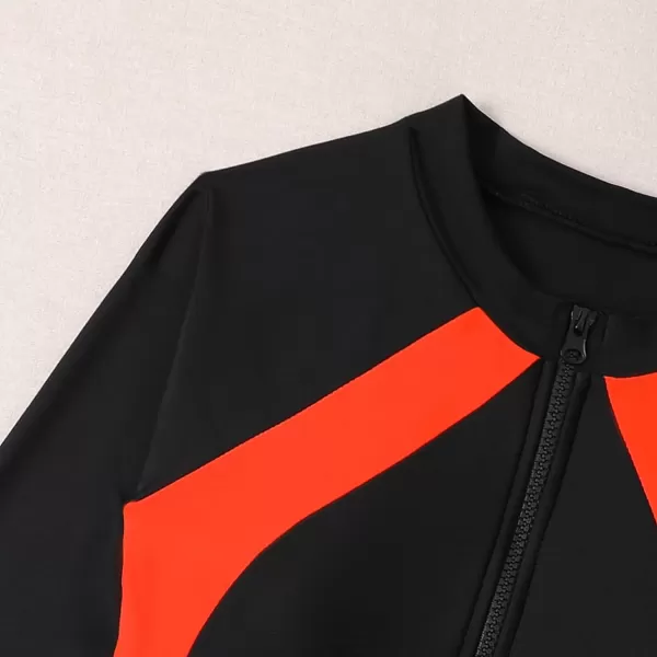 IDOPIP Women Rash Guard UPF 50 Long Sleeve One Piece Swimsuit Zipper Surfing Bathing Suit Color Block Monokini SwimwearBlack  Orange